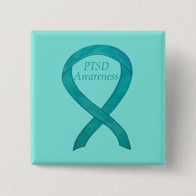 PTSD Awareness Ribbon Teal Custom Art Pins (Front)