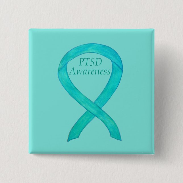 PTSD Awareness Ribbon Teal Custom Art Pins (Front)