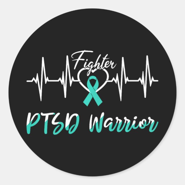 Ptsd Awareness Warrior Heartbeat Fight Teal Ribbon Classic Round Sticker (Front)
