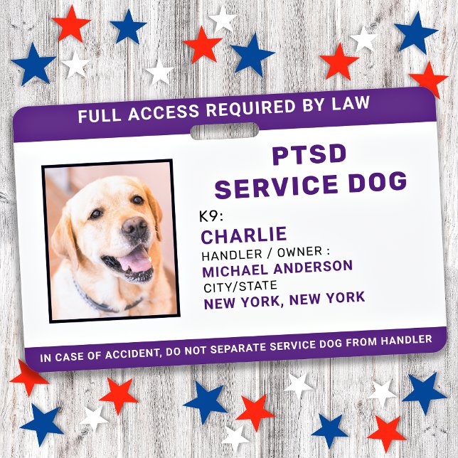 PTSD Service Dog Simple Personalised Photo ID ID Badge (Creator Uploaded)