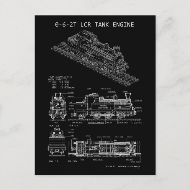 PTW 0-6-2T Tank Engine "Blueprint" Postcard (Front)