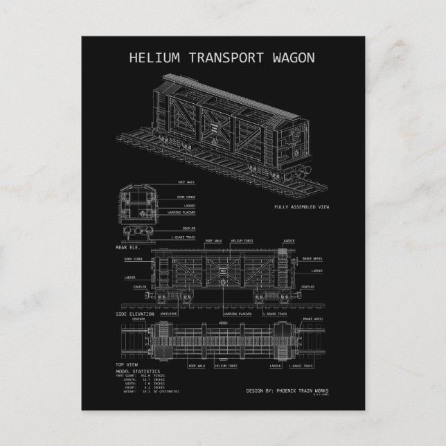 PTW Helium Train Wagon "Blueprint" Postcard (Front)