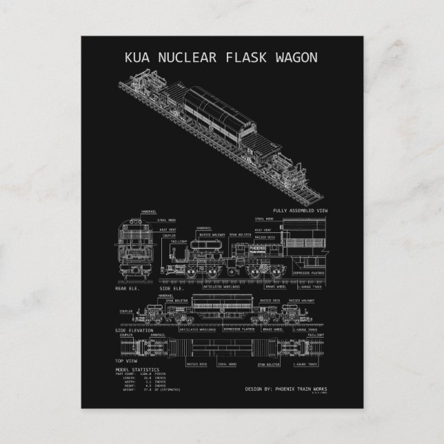 PTW KUA Nuclear Flask Train Wagon "Blueprint" Postcard (Front)