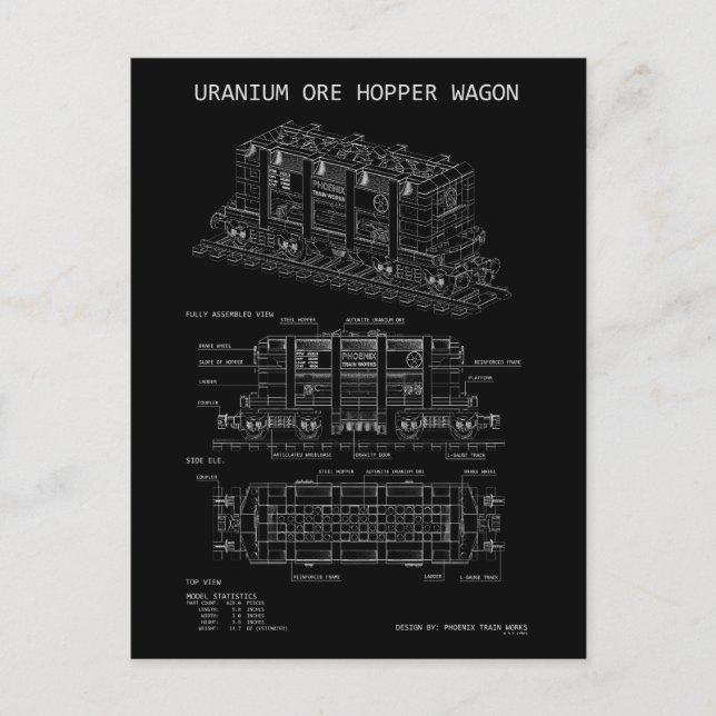 PTW Uranium Ore Hopper Train Wagon "Blueprint" Postcard (Front)
