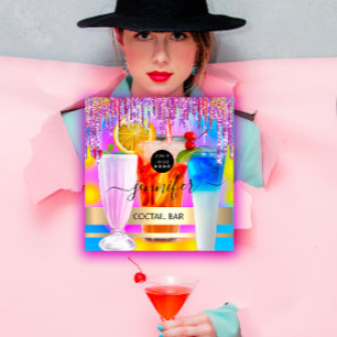 Pub Drink  Bar  Restaurant Logo Holographic Event Square Business Card