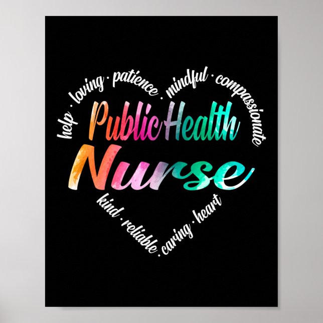 Public Health Nurse Heart Word Cloud Watercolor Poster (Front)