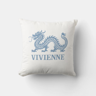 Puddle Blue Chinoiserie Dragon Custom Name Cushion