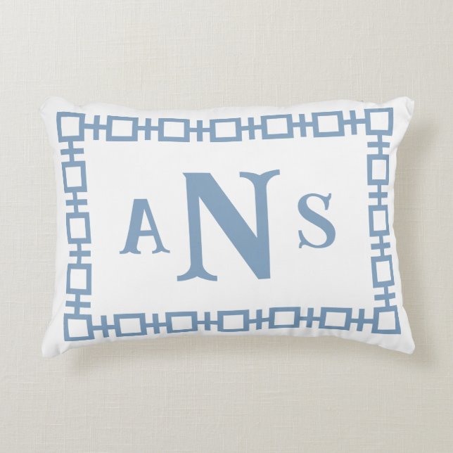 Puddle Blue Square Greek Key Monogram Decorative Cushion (Front)