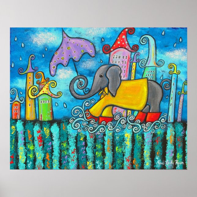 Puddle Jumping Elephant Art Poster (Front)