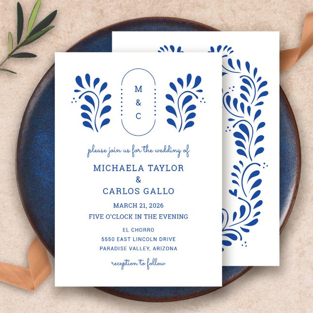 Puebla Style Blue Mexican Wedding Invitation (Puebla Style Blue Mexican Wedding Invitation by Fiesta Valley Print)