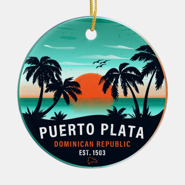 Puerto Plata Dominican Retro Sunset Souvenir 60s Ceramic Tree Decoration (Front)