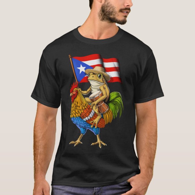 Puerto Rican Coqui Frog Riding Rooster T-Shirt (Front)