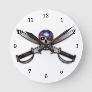 Puerto Rican Flag - Skull and Crossed Swords Round Clock
