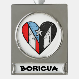 Puerto Rican Flags Boricua Heart, Puerto Rico Silver Plated Banner Ornament