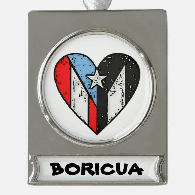 Puerto Rican Flags | Boricua Heart, Puerto Rico  Silver Plated Banner Ornament (Front)