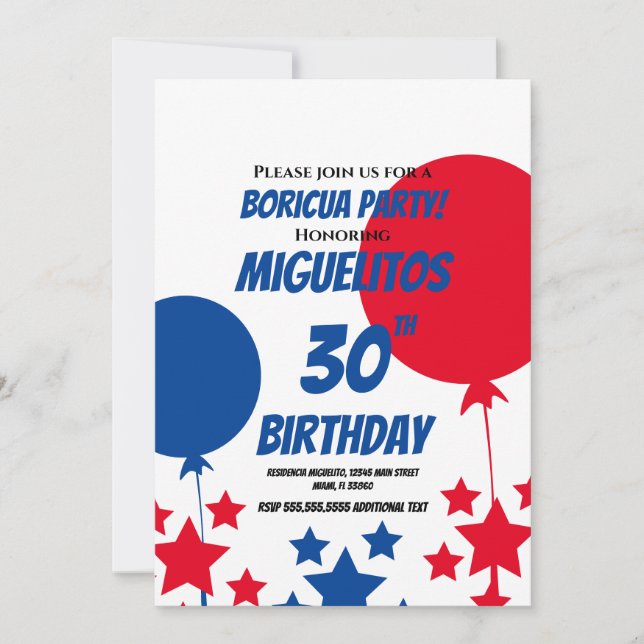 Puerto Rican Hispanic Latin Birthday Party Balloon Invitation (Front)