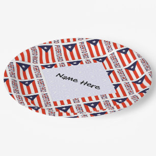 Puerto Rico and Puerto Rican Flag Tiled Your Name Paper Plate