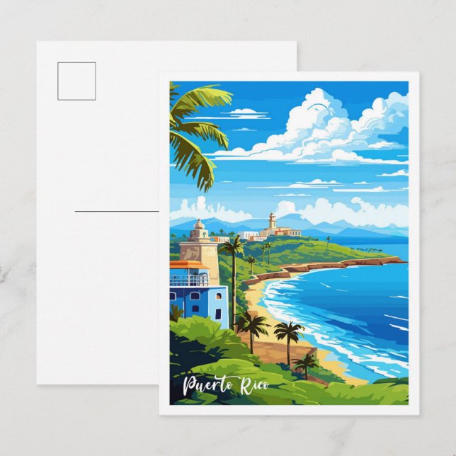 Puerto Rico Beach Art Vintage Travel Illustration Postcard (Front/Back)