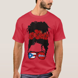 Puerto Rico Boricua Girl Flower Messy Hair Afro Gi T-Shirt