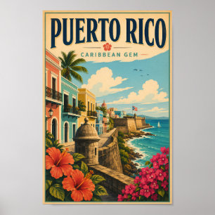 Puerto Rico Coast Illustration Travel Art Vintage Poster
