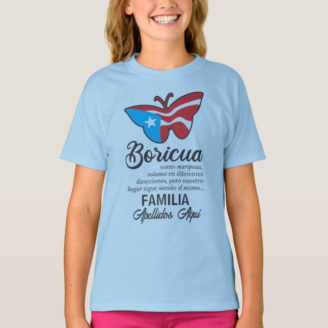 Puerto Rico Family Name Flag Butterfly Quote T-Shirt (Front)