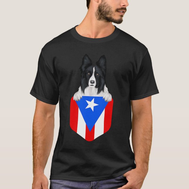 Puerto Rico Flag Border Collie Dog In Pocket T-Shirt (Front)
