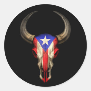 Puerto Rico Flag Bull Skull on Black Classic Round Sticker