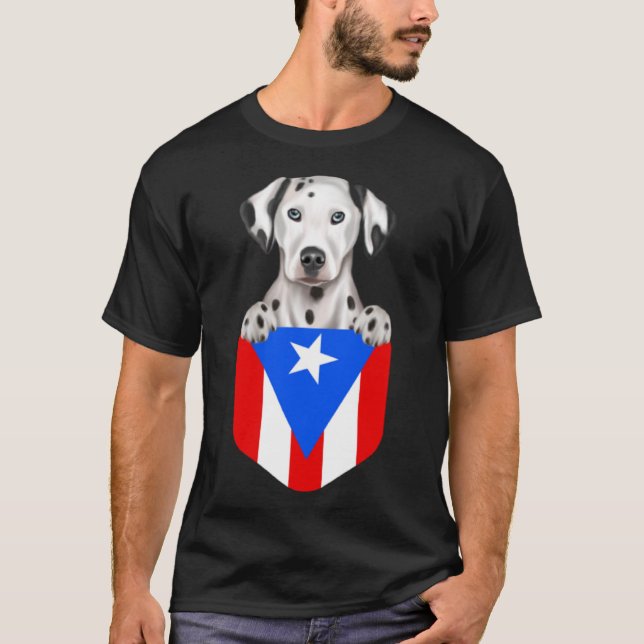 Puerto Rico Flag Dalmatian Dog In Pocket T-Shirt (Front)