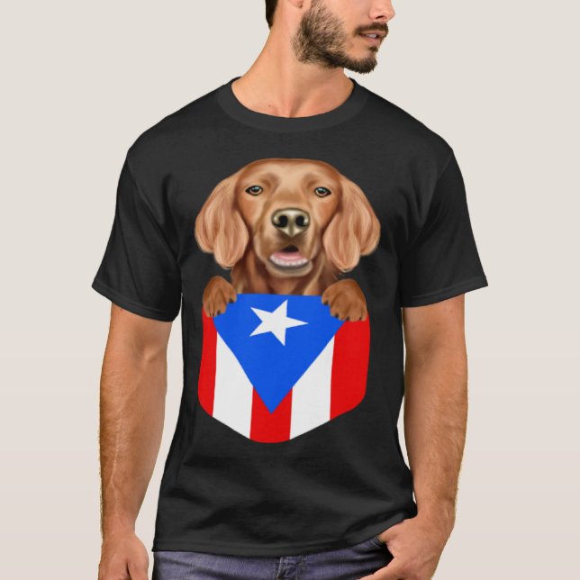 Puerto Rico Flag Irish Setter Dog In Pocket T-Shirt (Front)