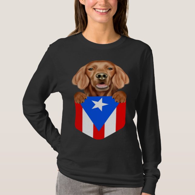 Puerto Rico Flag Irish Setter Dog In Pocket T-Shirt (Front)