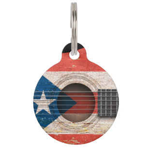 Puerto Rico Flag on Old Acoustic Guitar Pet Tag