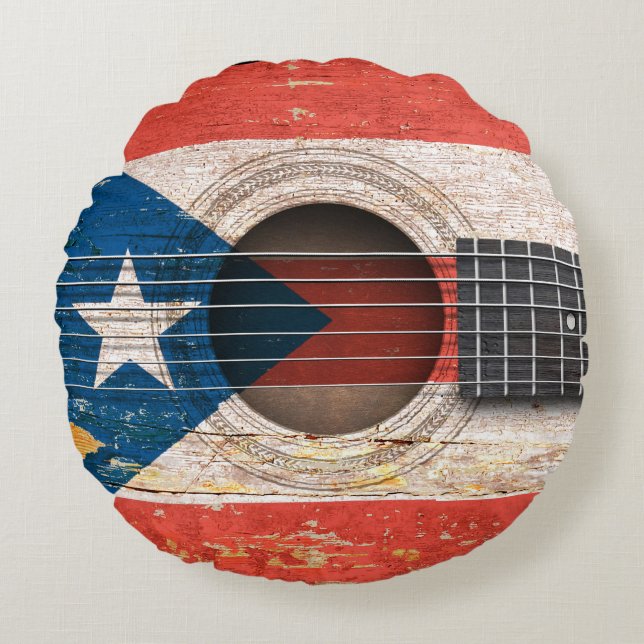 Puerto Rico Flag on Old Acoustic Guitar Round Cushion (Front)