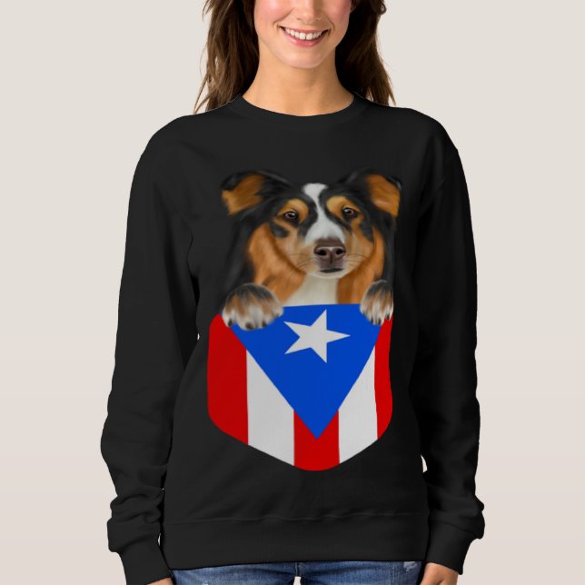 Puerto Rico Flag Shetland Sheepdog Dog In Pocket Sweatshirt (Front)