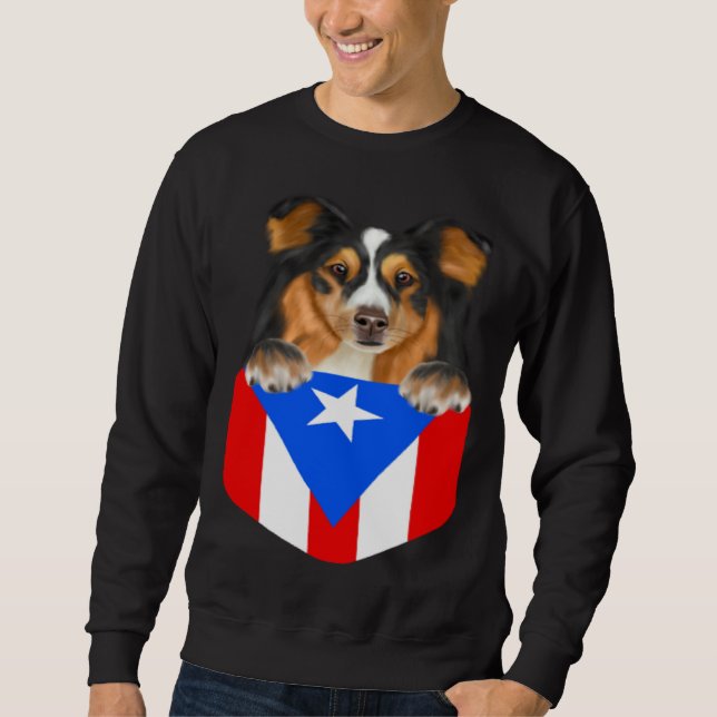 Puerto Rico Flag Shetland Sheepdog Dog In Pocket Sweatshirt (Front)