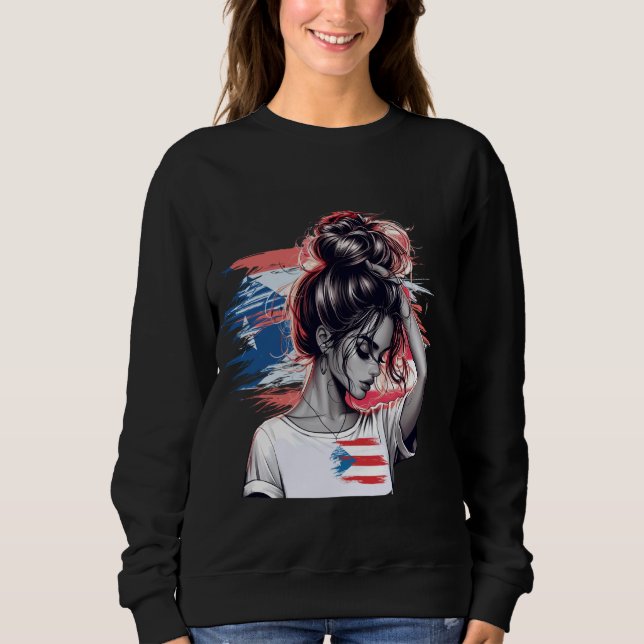 Puerto Rico Girl Messy Hair Puerto Rico Flag Pride Sweatshirt (Front)