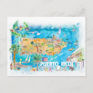 Puerto Rico Islands Illustrated Travel Map  Postcard