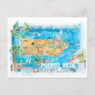 Puerto Rico Islands Illustrated Travel Map  Postcard