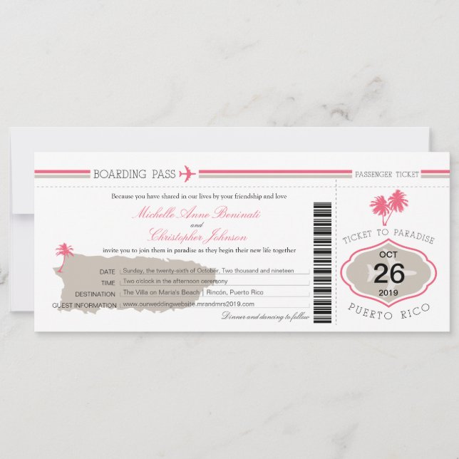 Puerto Rico Palm Tree Wedding Boarding Pass Invitation (Front)