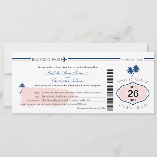 Puerto Rico Palm Tree Wedding Boarding Pass Invitation (Front)