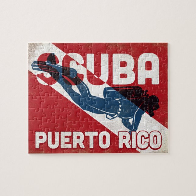 Puerto Rico Scuba Diver - Blue Retro Jigsaw Puzzle (Horizontal)