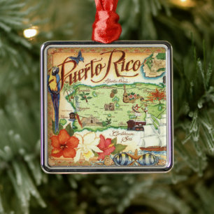 Puerto Rico Vintage Illustrated Map Metal Tree Decoration