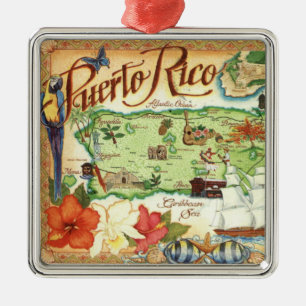 Puerto Rico Vintage Illustrated Map Metal Tree Decoration