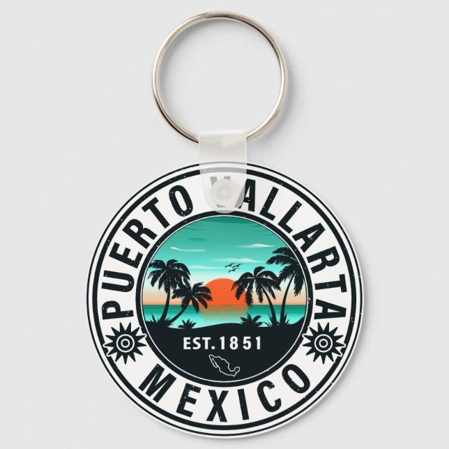 Puerto Vallarta Mexico Retro Sunset Souvenirs 60s Key Ring (Front)