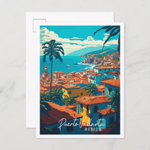 Puerto Vallarta Mexico vintage travel illustration Postcard