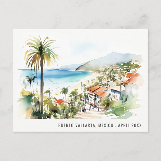 Puerto Vallarta Mexico Watercolor Landscape Travel Holiday Postcard (Front)