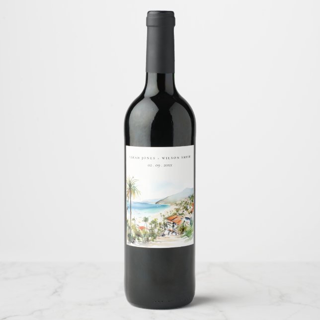 Puerto Vallarta Mexico Watercolor scape Wedding Wine Label (Front)