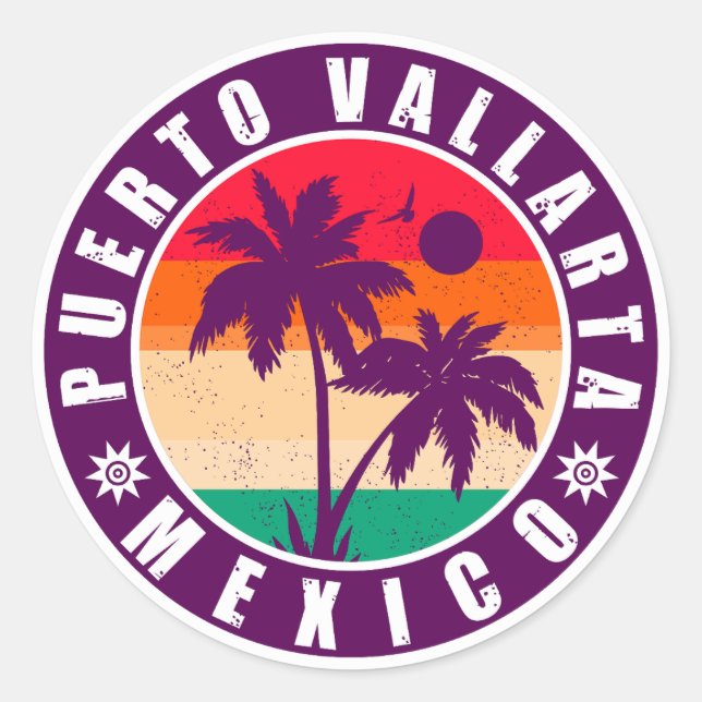 Puerto Vallarta Palm Tree Retro Souvenir 80s Classic Round Sticker (Front)