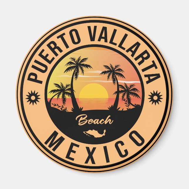 Puerto Vallarta Palm Tree Vintage Travel Souvenir Magnet (Front)