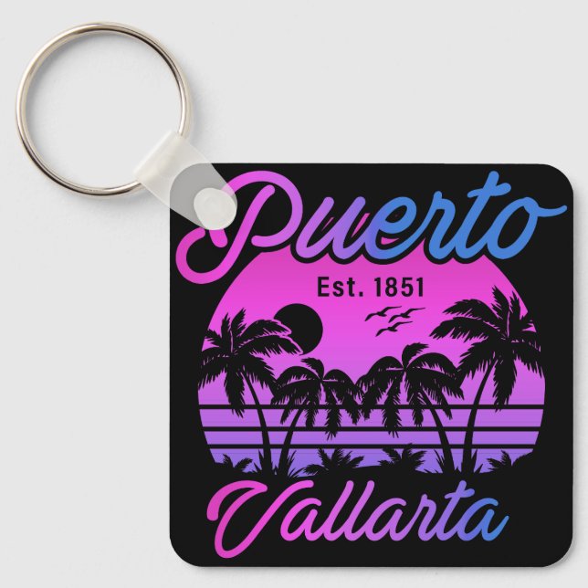 Puerto Vallarta Retro Sunset 80s Palm Trees Key Ring (Front)