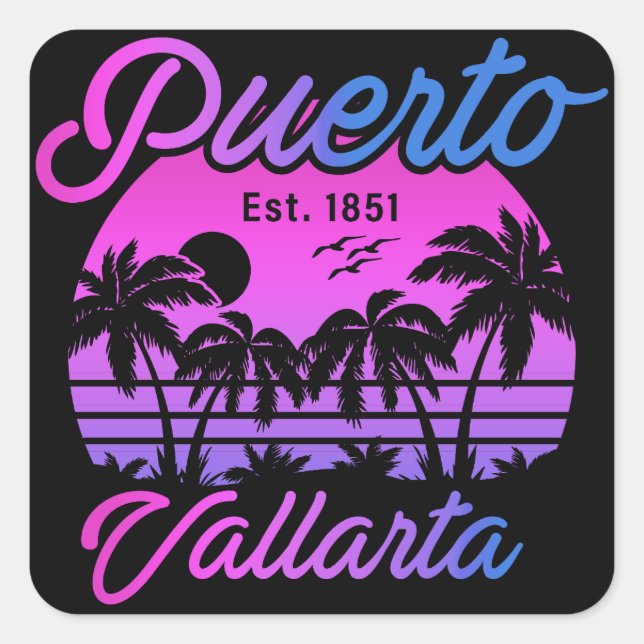 Puerto Vallarta Retro Sunset 80s Palm Trees Square Sticker (Front)